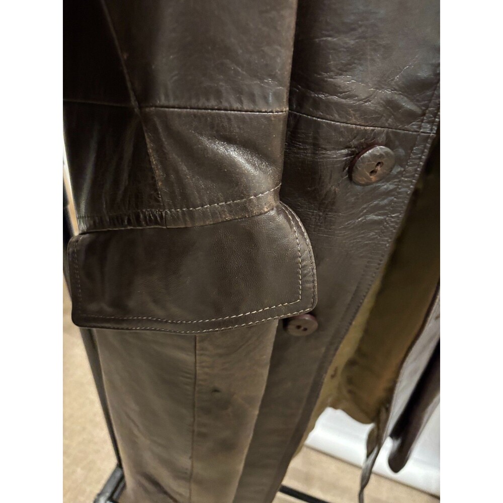 Vintage Spanish Soft Glove Leather Trench Coat Rich Brown Lined Belted Buttons - Picture 9 of 11